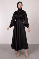 Tesettür giyim SİYAH BALON KOL DÜĞMELİ SATEN ETEKLİ TAKIM T 5395