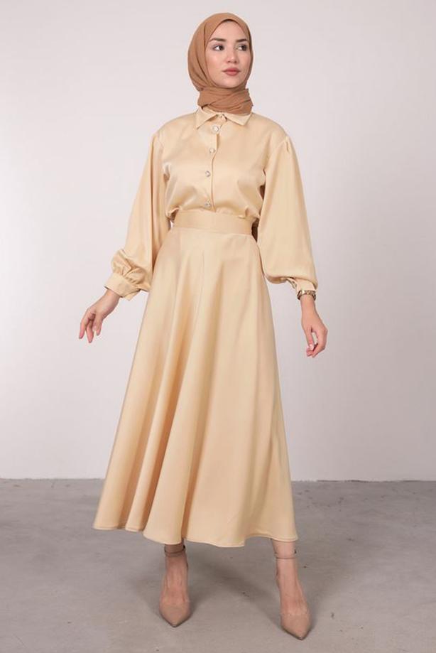 Tesettür giyim  BALON KOL DÜĞMELİ SATEN ETEKLİ TAKIM T 5395 - TRENDTESETTÜR