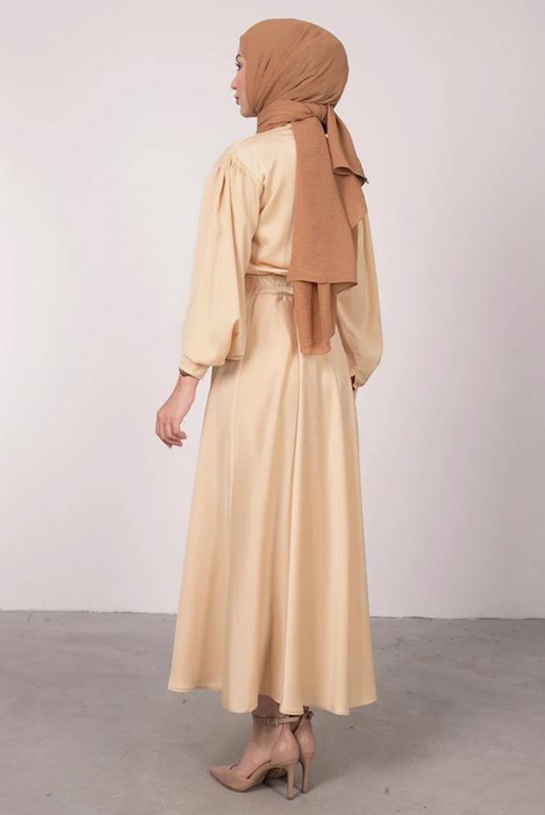 Tesettür giyim  BALON KOL DÜĞMELİ SATEN ETEKLİ TAKIM T 5395 - TRENDTESETTÜR