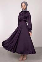 Tesettür giyim MOR BALON KOL DÜĞMELİ SATEN ETEKLİ TAKIM T 5395