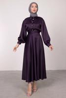 Tesettür giyim MOR BALON KOL DÜĞMELİ SATEN ETEKLİ TAKIM T 5395