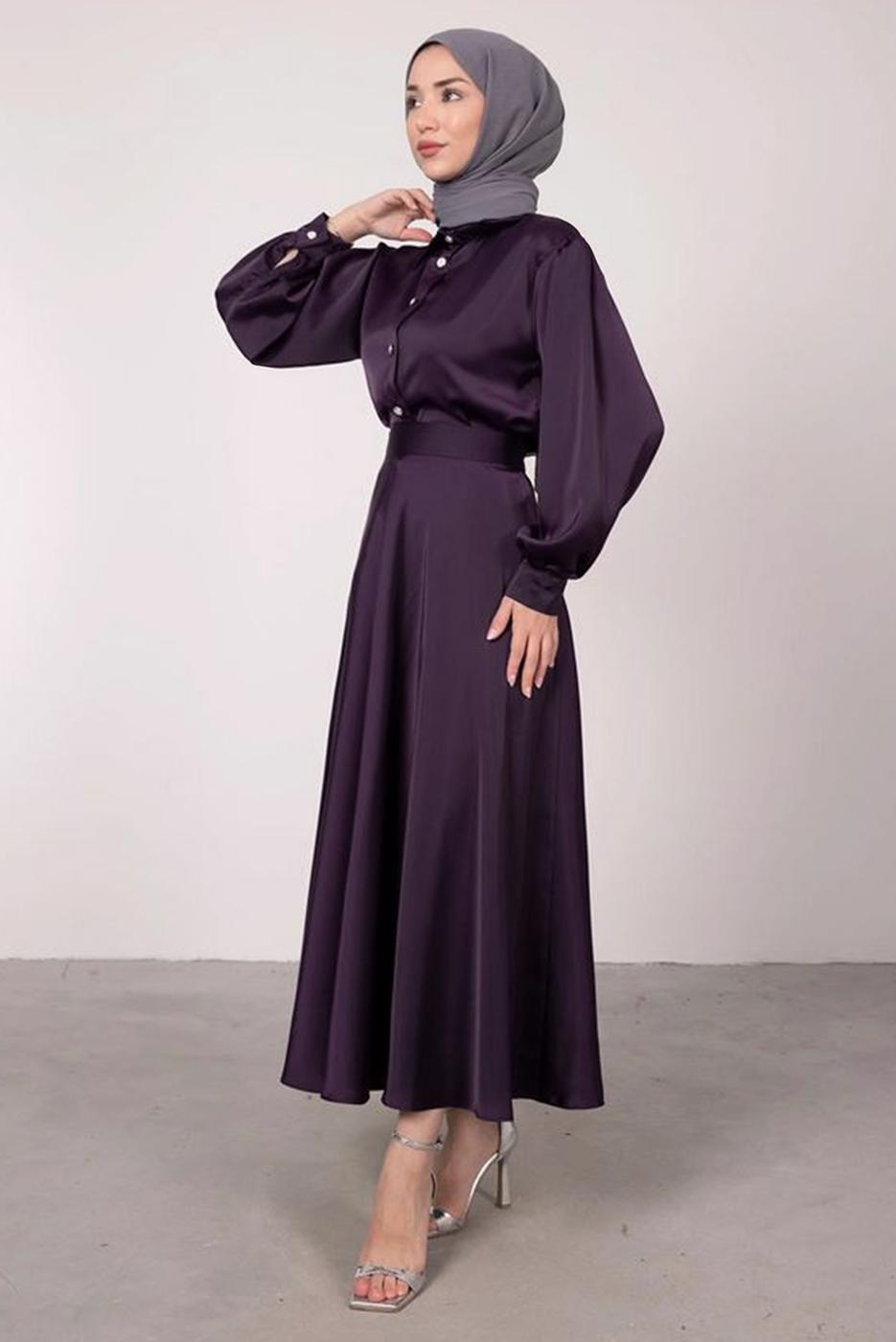 Tesettür giyim MOR BALON KOL DÜĞMELİ SATEN ETEKLİ TAKIM T 5395