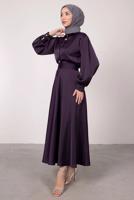 Tesettür giyim MOR BALON KOL DÜĞMELİ SATEN ETEKLİ TAKIM T 5395
