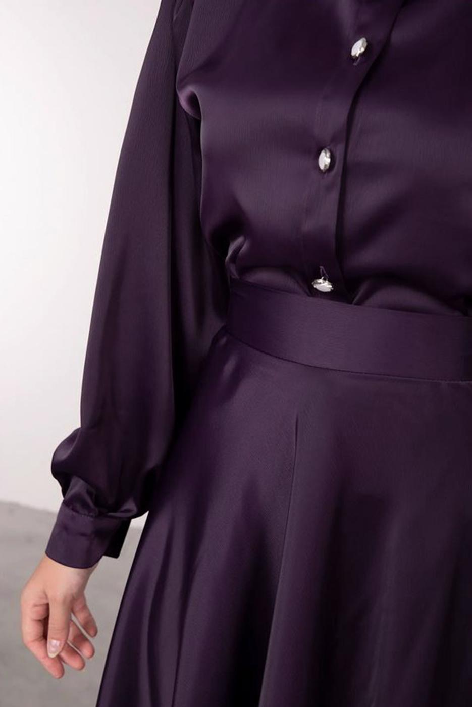 Tesettür giyim MOR BALON KOL DÜĞMELİ SATEN ETEKLİ TAKIM T 5395