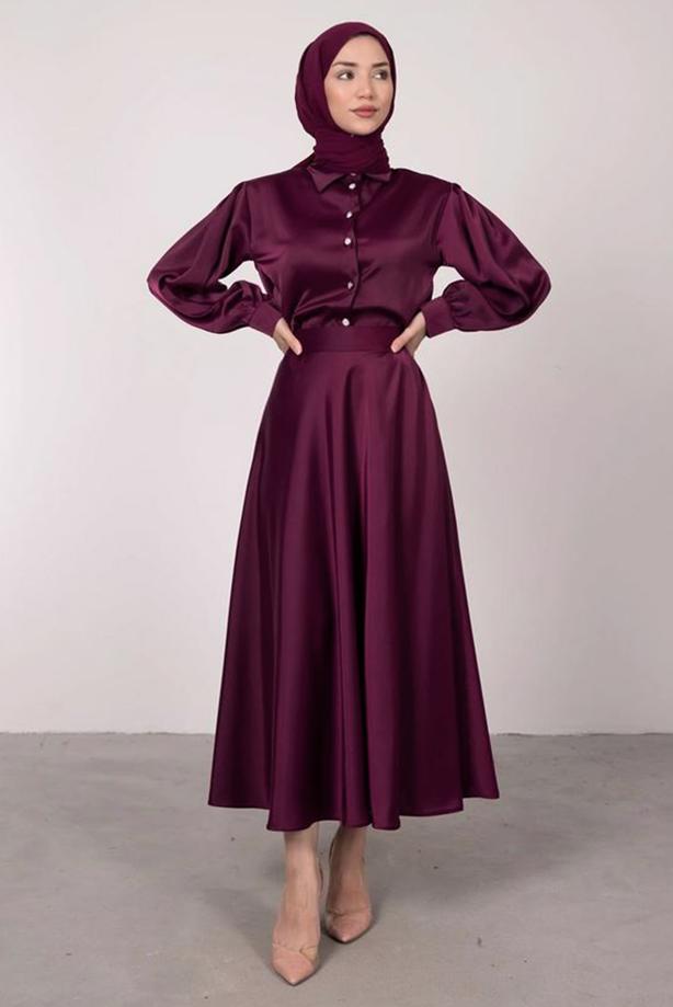 Vêtements hijab PRUNE COSTUME JUPE EN SATIN BOUTONNÉ T 5395 - TRENDTESETTÜR