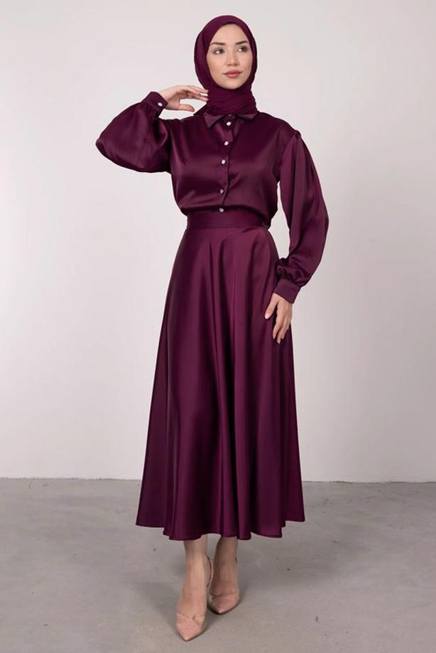 Vêtements hijab PRUNE COSTUME JUPE EN SATIN BOUTONNÉ T 5395 - TRENDTESETTÜR