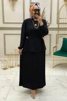Tesettür giyim SİYAH PİLİSELİ MANŞETLERİ LASTİKLİ ETEKLİ TAKIM T 90064 