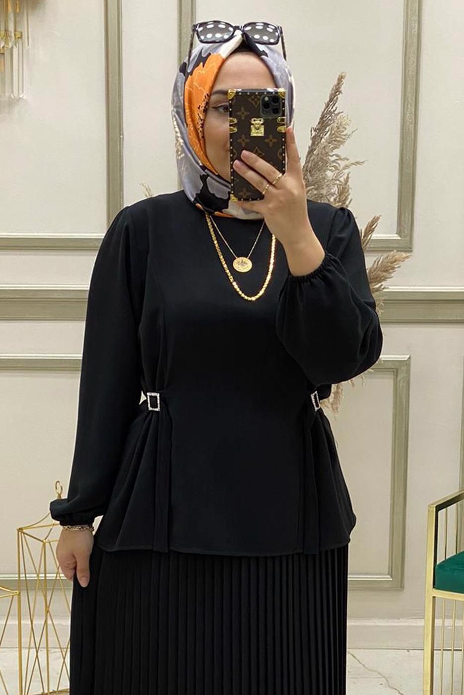 Tesettür giyim SİYAH PİLİSELİ MANŞETLERİ LASTİKLİ ETEKLİ TAKIM T 90064 