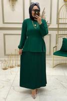 Tesettür giyim YEŞİL PİLİSELİ MANŞETLERİ LASTİKLİ ETEKLİ TAKIM T 90064 