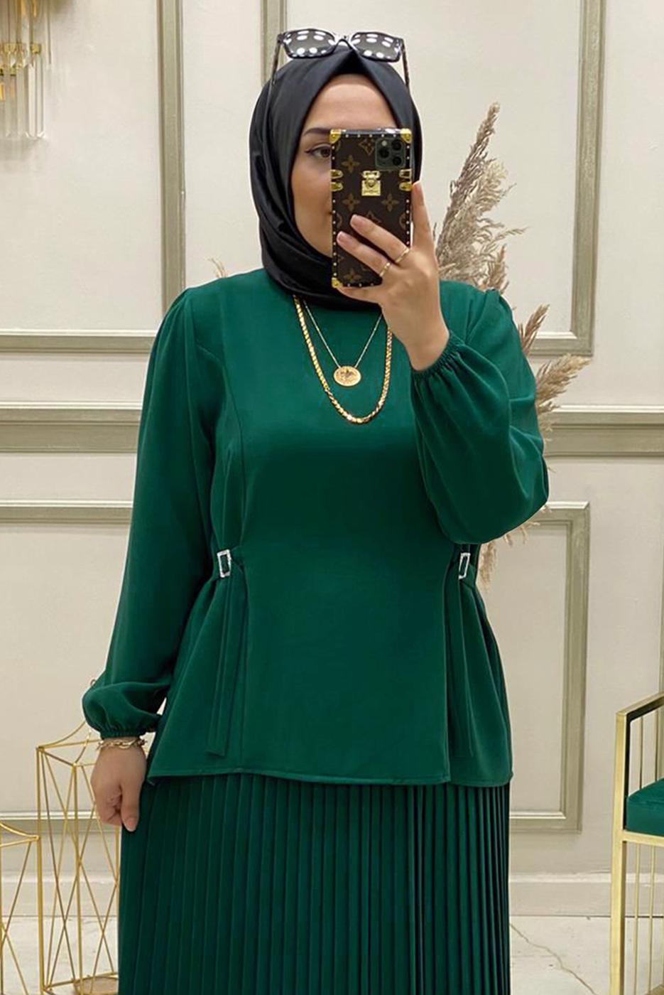 Tesettür giyim YEŞİL PİLİSELİ MANŞETLERİ LASTİKLİ ETEKLİ TAKIM T 90064 