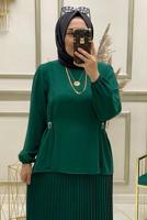 Tesettür giyim YEŞİL PİLİSELİ MANŞETLERİ LASTİKLİ ETEKLİ TAKIM T 90064 