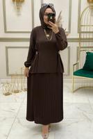 Tesettür giyim KAHVE PİLİSELİ MANŞETLERİ LASTİKLİ ETEKLİ TAKIM T 90064 