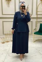 Tesettür giyim LACİVERT PİLİSELİ MANŞETLERİ LASTİKLİ ETEKLİ TAKIM T 90064 