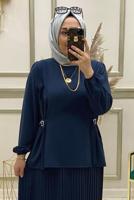 Tesettür giyim LACİVERT PİLİSELİ MANŞETLERİ LASTİKLİ ETEKLİ TAKIM T 90064 