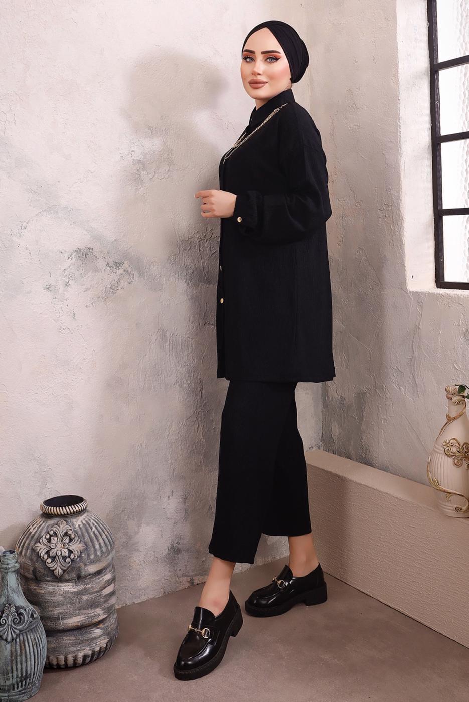 Tesettür giyim SİYAH YAKASI ZİNCİR DETAYLI PANTOLONLU TAKIM T 2392
