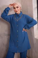 Tesettür giyim MAVİ YAKASI ZİNCİR DETAYLI PANTOLONLU TAKIM T 2392