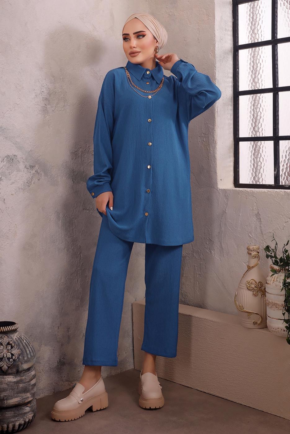 Tesettür giyim MAVİ YAKASI ZİNCİR DETAYLI PANTOLONLU TAKIM T 2392