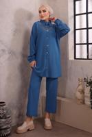 Tesettür giyim MAVİ YAKASI ZİNCİR DETAYLI PANTOLONLU TAKIM T 2392