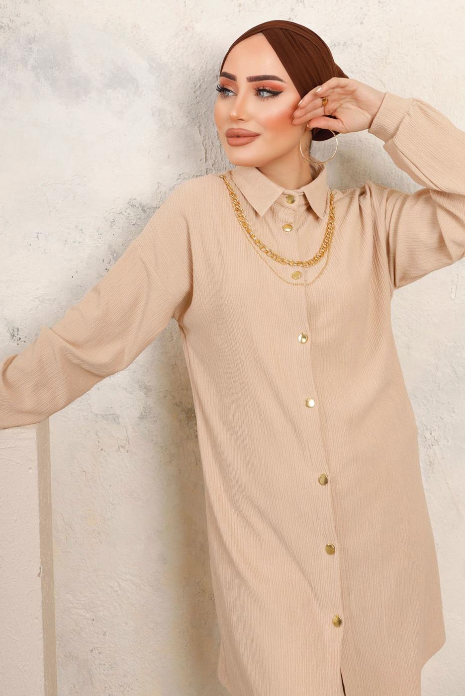 Tesettür giyim BEJ YAKASI ZİNCİR DETAYLI PANTOLONLU TAKIM T 2392