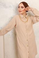 Tesettür giyim BEJ YAKASI ZİNCİR DETAYLI PANTOLONLU TAKIM T 2392