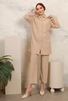 Tesettür giyim BEJ YAKASI ZİNCİR DETAYLI PANTOLONLU TAKIM T 2392
