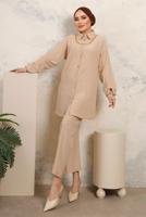Tesettür giyim BEJ YAKASI ZİNCİR DETAYLI PANTOLONLU TAKIM T 2392