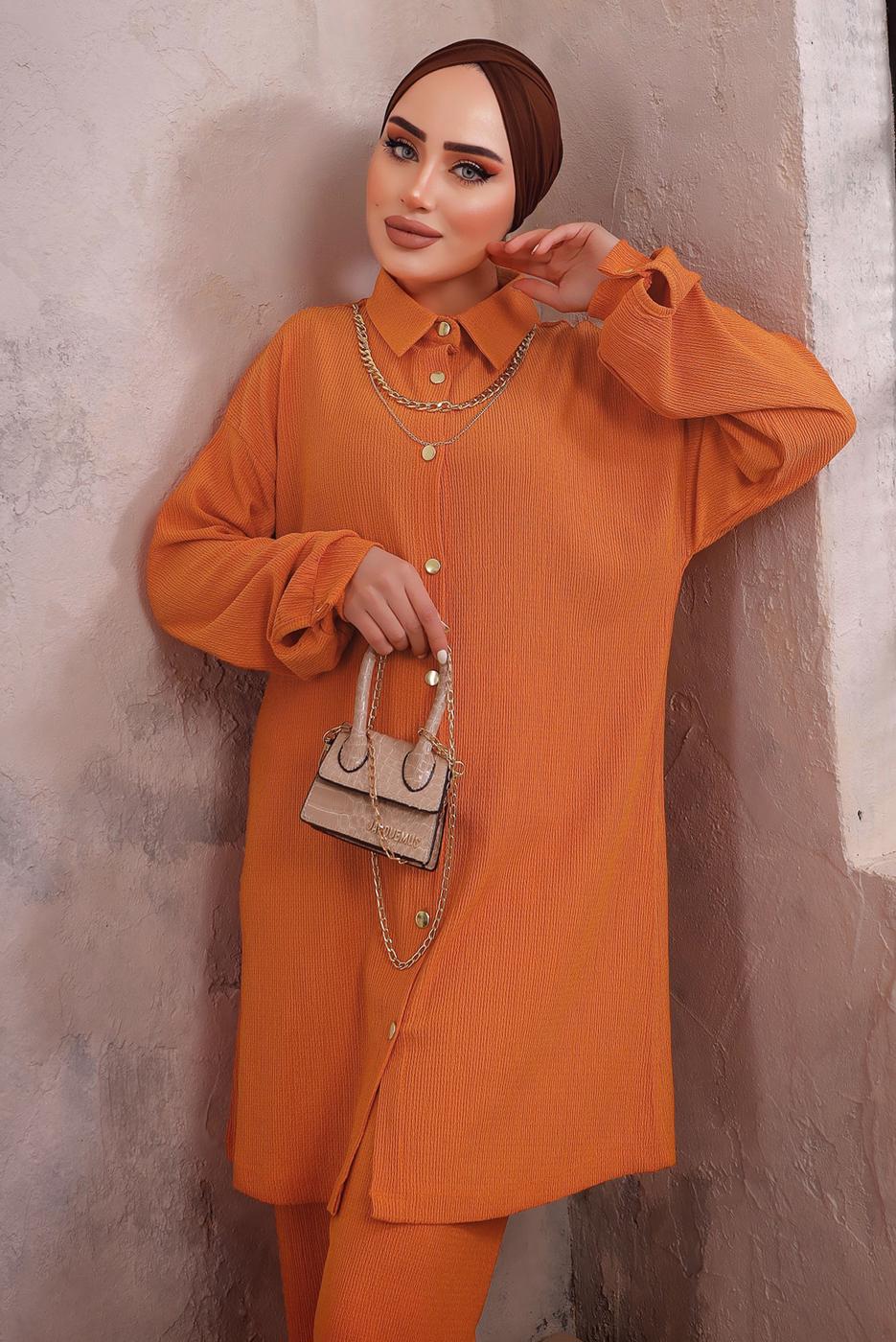 Tesettür giyim TURUNCU YAKASI ZİNCİR DETAYLI PANTOLONLU TAKIM T 2392