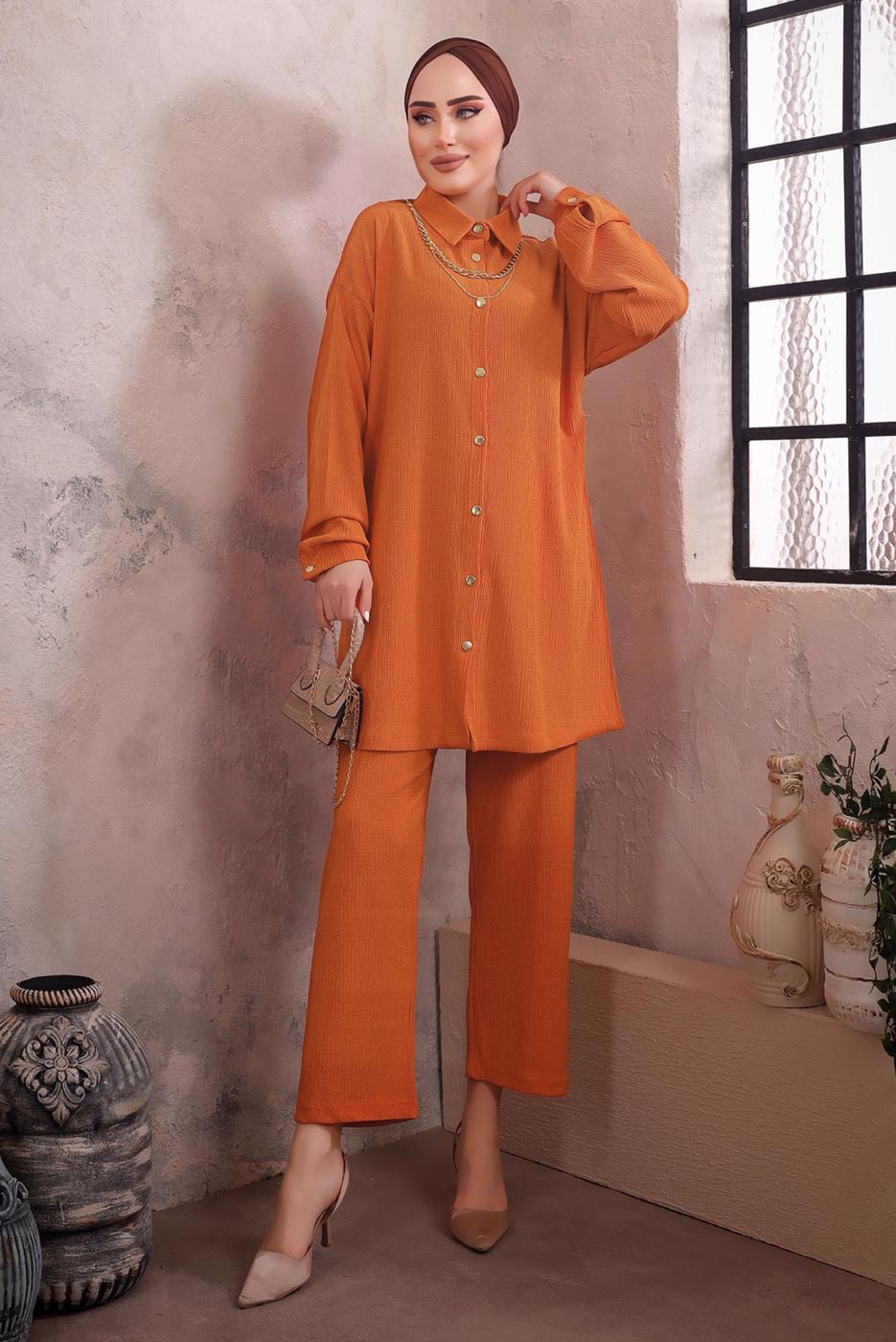 Tesettür giyim TURUNCU YAKASI ZİNCİR DETAYLI PANTOLONLU TAKIM T 2392