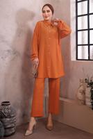 Tesettür giyim TURUNCU YAKASI ZİNCİR DETAYLI PANTOLONLU TAKIM T 2392