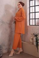 Tesettür giyim TURUNCU YAKASI ZİNCİR DETAYLI PANTOLONLU TAKIM T 2392