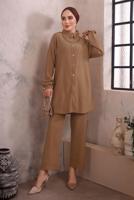 Tesettür giyim KAHVE YAKASI ZİNCİR DETAYLI PANTOLONLU TAKIM T 2392