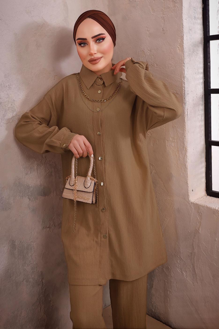 Tesettür giyim KAHVE YAKASI ZİNCİR DETAYLI PANTOLONLU TAKIM T 2392