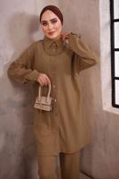 Tesettür giyim KAHVE YAKASI ZİNCİR DETAYLI PANTOLONLU TAKIM T 2392
