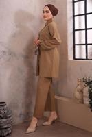 Tesettür giyim KAHVE YAKASI ZİNCİR DETAYLI PANTOLONLU TAKIM T 2392