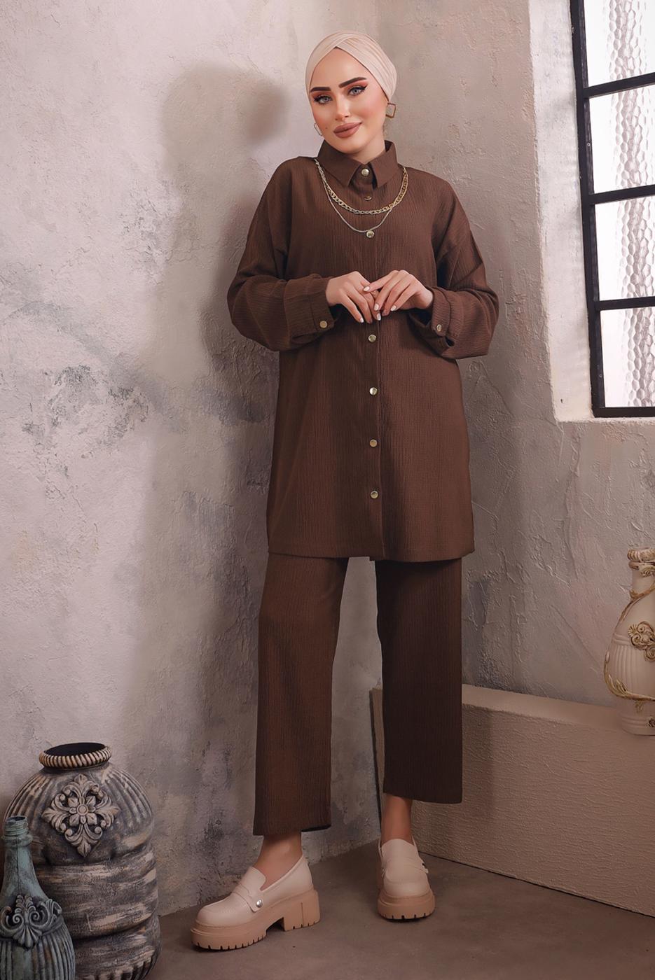 Tesettür giyim KAHVE YAKASI ZİNCİR DETAYLI PANTOLONLU TAKIM T 2392