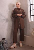 Tesettür giyim KAHVE YAKASI ZİNCİR DETAYLI PANTOLONLU TAKIM T 2392
