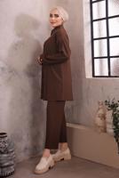 Tesettür giyim KAHVE YAKASI ZİNCİR DETAYLI PANTOLONLU TAKIM T 2392