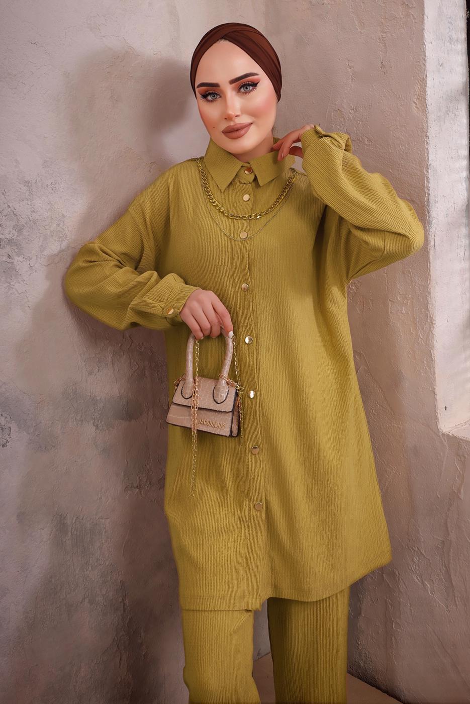 Tesettür giyim SARI YAKASI ZİNCİR DETAYLI PANTOLONLU TAKIM T 2392