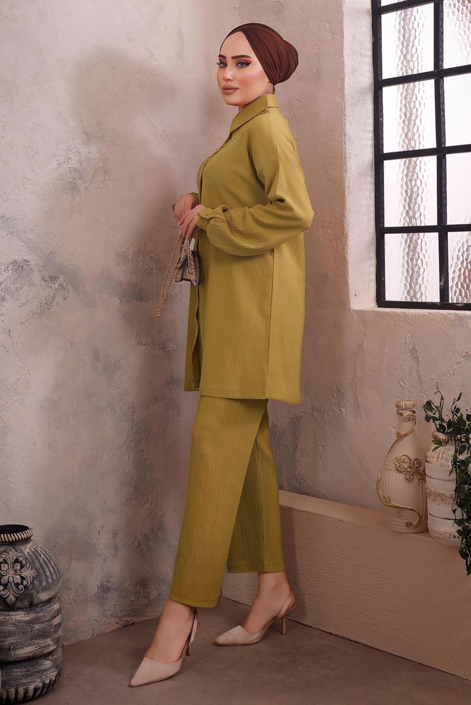 Tesettür giyim SARI YAKASI ZİNCİR DETAYLI PANTOLONLU TAKIM T 2392