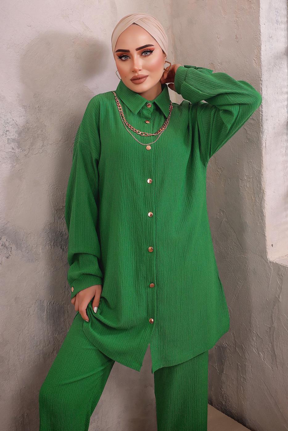 Tesettür giyim YEŞİL YAKASI ZİNCİR DETAYLI PANTOLONLU TAKIM T 2392