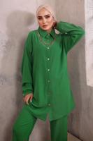 Tesettür giyim YEŞİL YAKASI ZİNCİR DETAYLI PANTOLONLU TAKIM T 2392