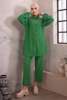 Tesettür giyim YEŞİL YAKASI ZİNCİR DETAYLI PANTOLONLU TAKIM T 2392