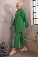 Tesettür giyim YEŞİL YAKASI ZİNCİR DETAYLI PANTOLONLU TAKIM T 2392