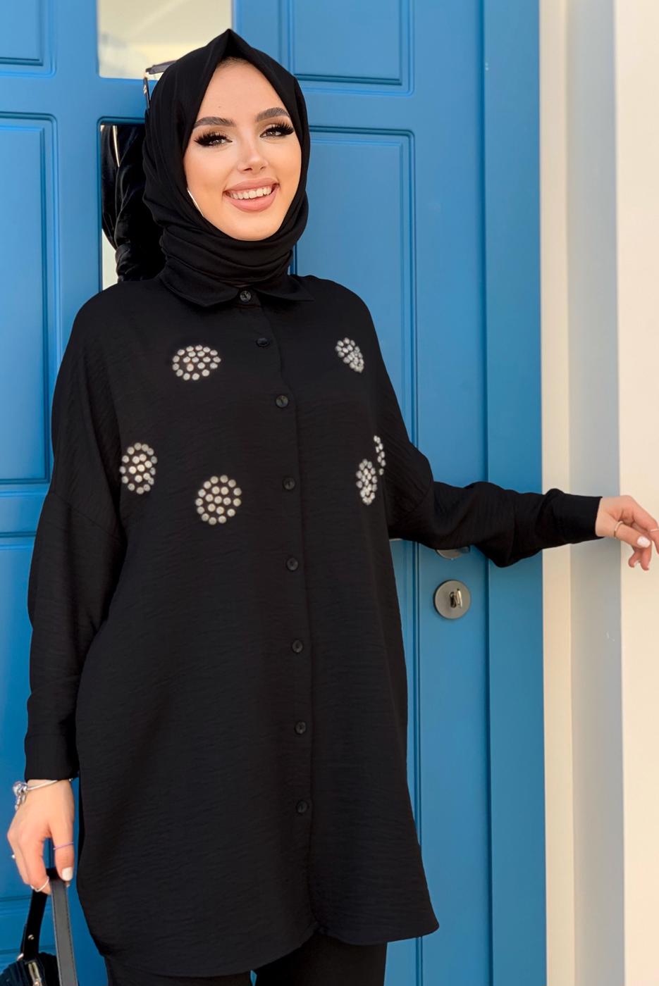 Tesettür giyim SİYAH TAŞ DETAYLI DÜĞMELİ İKİLİ PANTOLONLU TAKIM T 3048