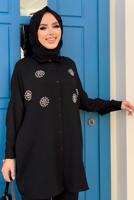 Tesettür giyim SİYAH TAŞ DETAYLI DÜĞMELİ İKİLİ PANTOLONLU TAKIM T 3048