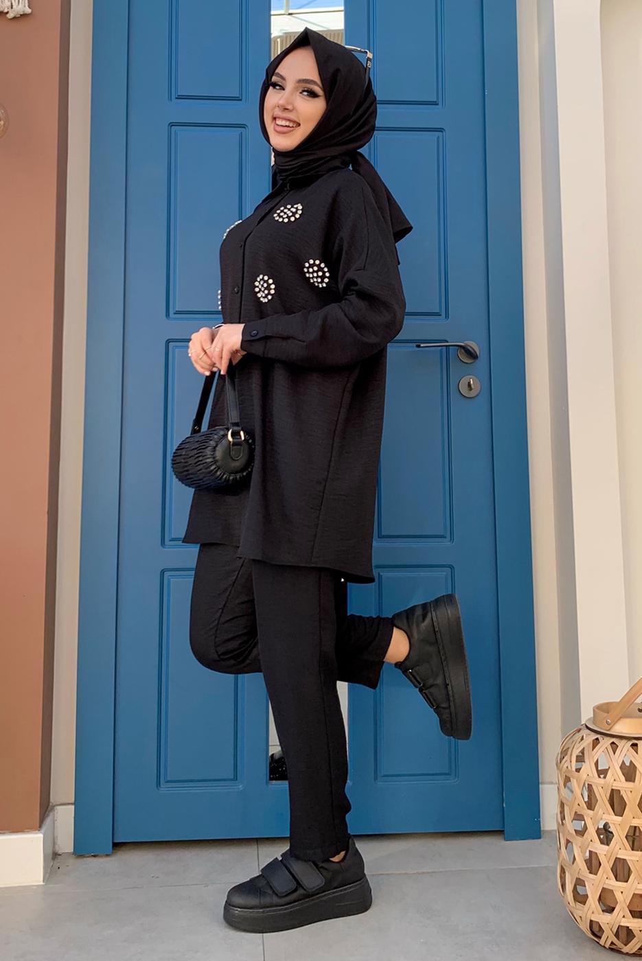 Tesettür giyim SİYAH TAŞ DETAYLI DÜĞMELİ İKİLİ PANTOLONLU TAKIM T 3048