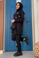 Tesettür giyim SİYAH TAŞ DETAYLI DÜĞMELİ İKİLİ PANTOLONLU TAKIM T 3048