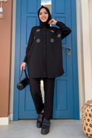 Tesettür giyim SİYAH TAŞ DETAYLI DÜĞMELİ İKİLİ PANTOLONLU TAKIM T 3048