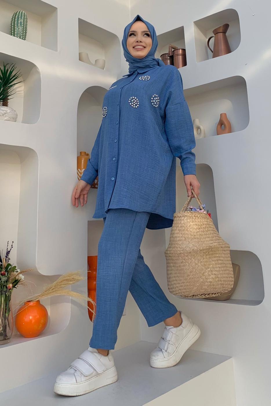 Tesettür giyim MAVİ TAŞ DETAYLI DÜĞMELİ İKİLİ PANTOLONLU TAKIM T 3048