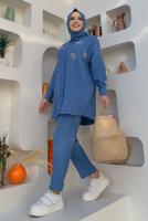 Tesettür giyim MAVİ TAŞ DETAYLI DÜĞMELİ İKİLİ PANTOLONLU TAKIM T 3048